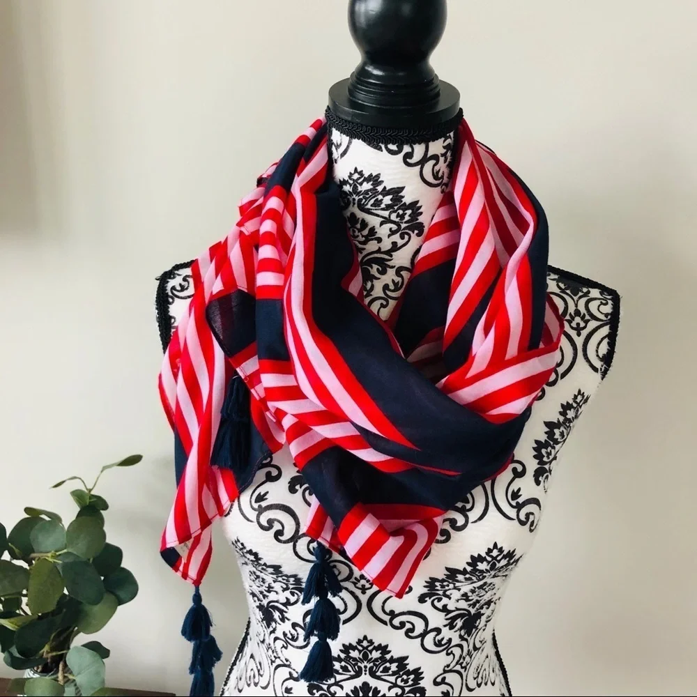 NWOT! Abercrombie & Fitch Tasseled Striped Square Scarf - Red/White/Blue